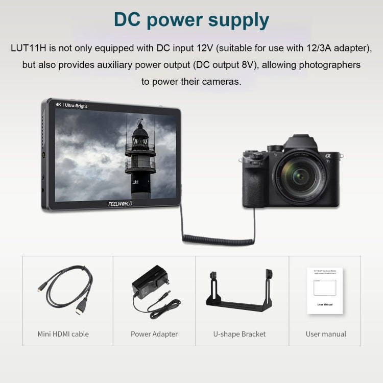 FEELWORLD LUT11H 10.1 Inch Ultra Bright 2000nit DSLR Camera Field Monitor Touch Screen 4K HDMI F970 External Power and Install Kit (EU Plug) - On-camera Monitors by FEELWORLD | Online Shopping UK | buy2fix