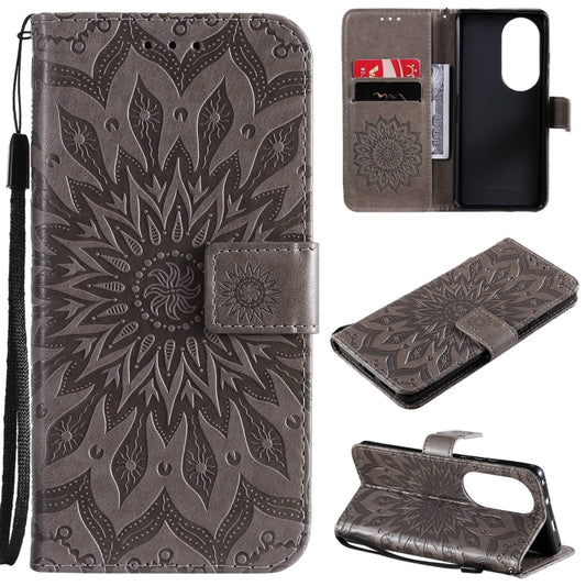 For Huawei P50 Pro Sun Embossing Pattern Horizontal Flip Leather Case with Card Slot & Holder & Wallet & Lanyard(Grey) - Huawei Cases by buy2fix | Online Shopping UK | buy2fix