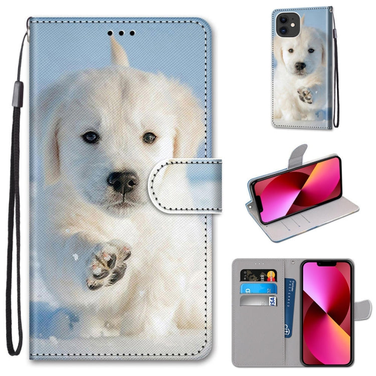 For iPhone 13 Coloured Drawing Cross Texture Horizontal Flip PU Leather Case with Holder & Card Slots & Wallet & Lanyard(Snow Puppy) - iPhone 13 Cases by buy2fix | Online Shopping UK | buy2fix