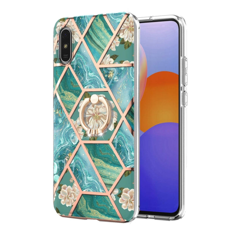 For Xiaomi Redmi 9A Electroplating Splicing Marble Flower Pattern TPU Shockproof Case with Rhinestone Ring Holder(Blue Flower) - Xiaomi Cases by buy2fix | Online Shopping UK | buy2fix