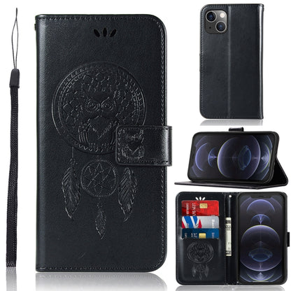 For iPhone 13 Wind Chime Owl Embossing Pattern Horizontal Flip Leather Case with Holder & Card Slots & Wallet(Black) - iPhone 13 Cases by buy2fix | Online Shopping UK | buy2fix