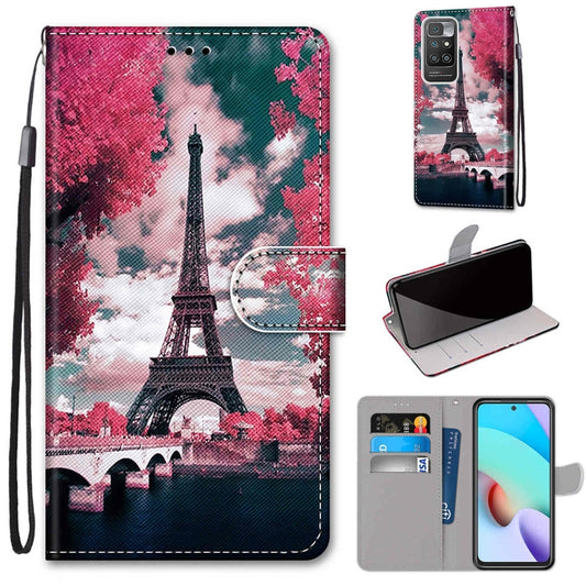 For Xiaomi Redmi 10 Coloured Drawing Cross Texture Horizontal Flip PU Leather Case with Holder & Card Slots & Wallet & Lanyard(Pink Flower Tower Bridge) - Xiaomi Cases by buy2fix | Online Shopping UK | buy2fix