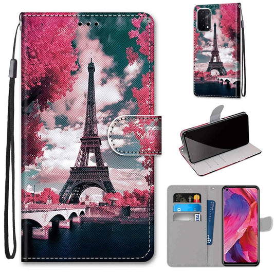 For OPPO A54 5G / A74 5G / A93 5G / A93s 5G Coloured Drawing Cross Texture Horizontal Flip PU Leather Case with Holder & Card Slots & Wallet & Lanyard(Pink Flower Tower Bridge) - OPPO Cases by buy2fix | Online Shopping UK | buy2fix