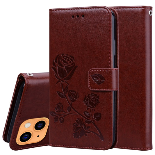 For iPhone 13 Rose Embossed Horizontal Flip PU Leather Case with Holder & Card Slots & Wallet(Brown) - iPhone 13 Cases by buy2fix | Online Shopping UK | buy2fix