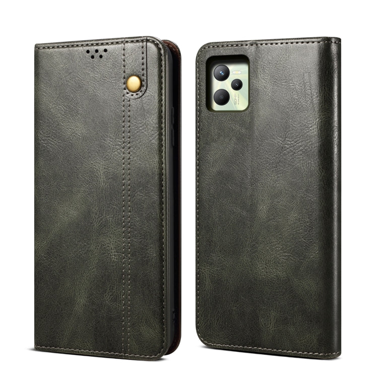 For OPPO Realme C35 Simple Wax Crazy Horse Texture Horizontal Flip Leather Phone Case with Card Slots & Holder(Dark Green) - Realme Cases by buy2fix | Online Shopping UK | buy2fix