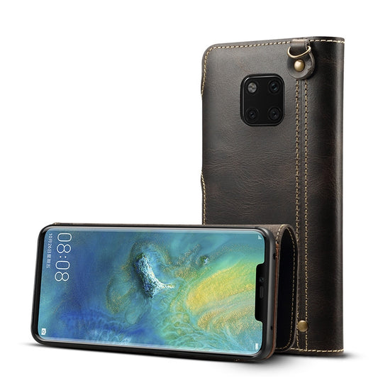 For Huawei Mate 20 Pro Denior Oil Wax Cowhide Magnetic Button Horizontal Flip Leather Case with Card Slots & Wallet(Black) - Huawei Cases by Denior | Online Shopping UK | buy2fix