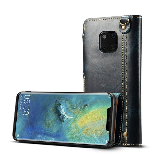 For Huawei Mate 20 Pro Denior Oil Wax Cowhide Magnetic Button Horizontal Flip Leather Case with Card Slots & Wallet(Dark Blue) - Huawei Cases by Denior | Online Shopping UK | buy2fix