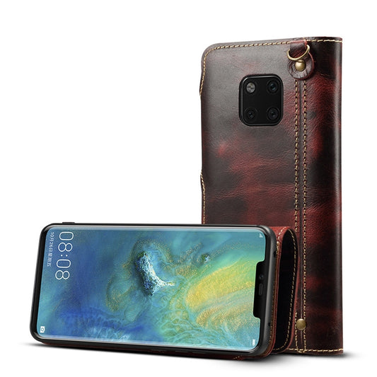 For Huawei Mate 20 Pro Denior Oil Wax Cowhide Magnetic Button Horizontal Flip Leather Case with Card Slots & Wallet(Dark Red) - Huawei Cases by Denior | Online Shopping UK | buy2fix