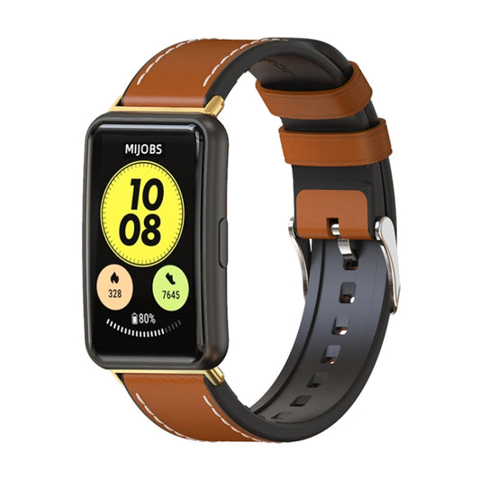 For Huawei Watch Fit Mijobs Cowhide Leather Watch Band(Brown+Gold) - Watch Bands by MIJOBS | Online Shopping UK | buy2fix