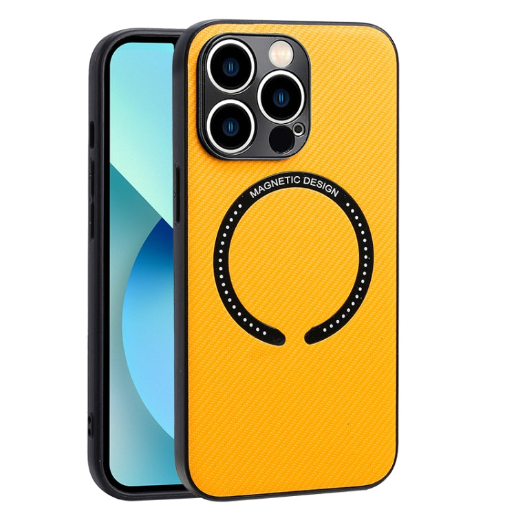 For iPhone 12 Carbon Fiber Texture MagSafe Magnetic Phone Case(Yellow) - iPhone 12 / 12 Pro Cases by buy2fix | Online Shopping UK | buy2fix