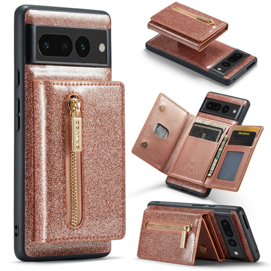 For Google Pixel 7 Pro DG.MING M3 Series Glitter Powder Card Bag Leather Case(Rose Gold) - Google Cases by DG.MING | Online Shopping UK | buy2fix