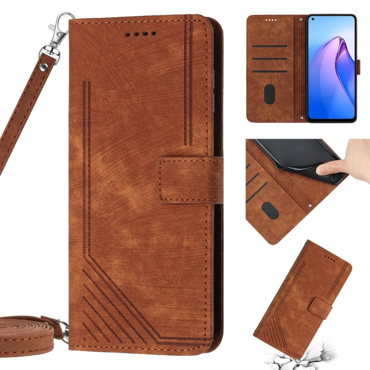 For OPPO Reno7 5G Global / Find X5 Lite Skin Feel Stripe Pattern Leather Phone Case with Lanyard(Brown) - OPPO Cases by buy2fix | Online Shopping UK | buy2fix