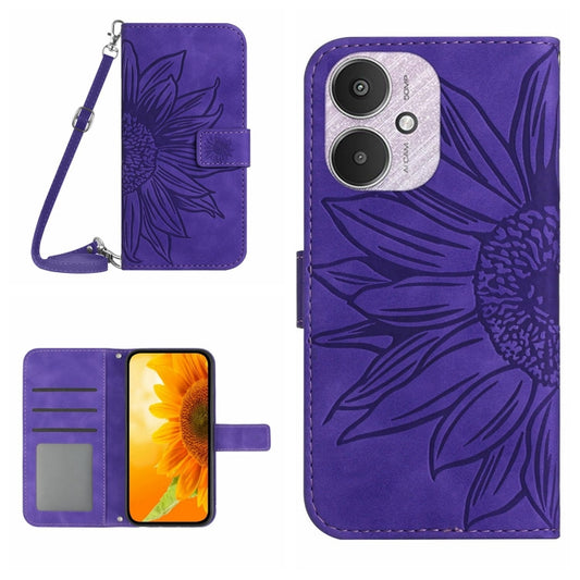 For Xiaomi Redmi 13C 5G Skin Feel Sun Flower Embossed Flip Leather Phone Case with Lanyard(Dark Purple) - 13C Cases by buy2fix | Online Shopping UK | buy2fix