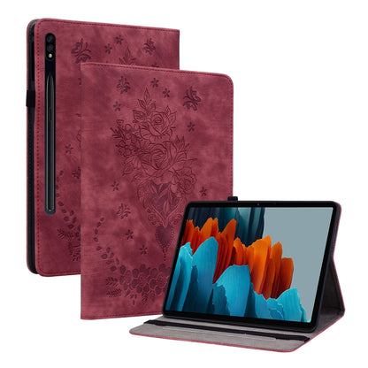 For Samsung Galaxy Tab S7 / S8 Butterfly Rose Embossed Leather Tablet Case(Red) - Galaxy Tab S8 Cases by buy2fix | Online Shopping UK | buy2fix