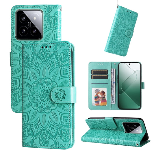 For Xiaomi 14 Embossed Sunflower Leather Phone Case(Green) - 14 Cases by buy2fix | Online Shopping UK | buy2fix