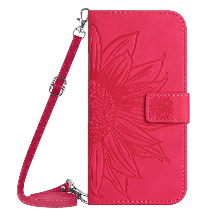 For iPhone 16 Plus Skin Feel Sun Flower Embossed Flip Leather Phone Case with Lanyard(Rose Red) - iPhone 16 Plus Cases by buy2fix | Online Shopping UK | buy2fix