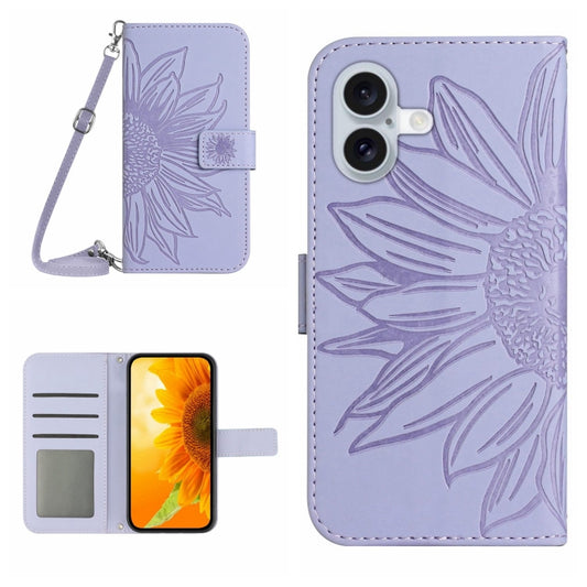 For iPhone 16 Skin Feel Sun Flower Embossed Flip Leather Phone Case with Lanyard(Purple) - iPhone 16 Cases by buy2fix | Online Shopping UK | buy2fix