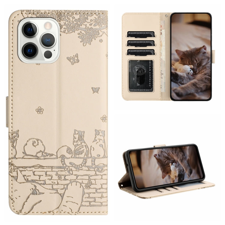 For iPhone 16 Pro Max Cat Embossing Pattern Leather Phone Case with Lanyard(Beige) - iPhone 16 Pro Max Cases by buy2fix | Online Shopping UK | buy2fix