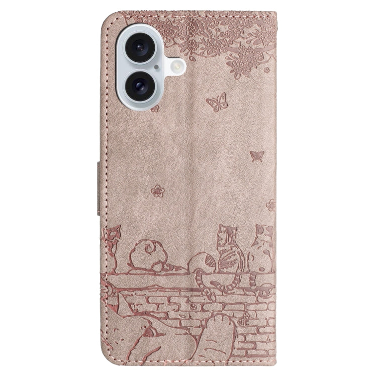 For iPhone 16 Plus Cat Embossing Pattern Leather Phone Case with Lanyard(Grey) - iPhone 16 Plus Cases by buy2fix | Online Shopping UK | buy2fix