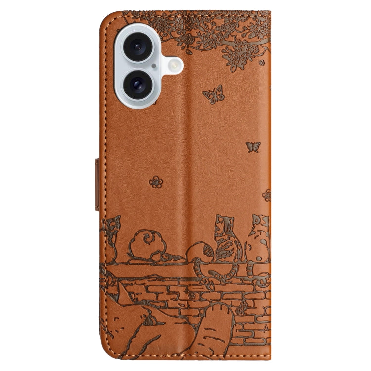 For iPhone 16 Cat Embossing Pattern Leather Phone Case with Lanyard(Brown) - iPhone 16 Cases by buy2fix | Online Shopping UK | buy2fix