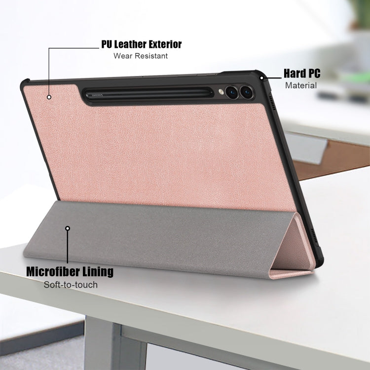 For Samsung Galaxy Tab S9+ Custer Pure Color 3-Fold Holder Smart Leather Tablet Case(Rose Gold) - Galaxy Tab S9+ Cases by buy2fix | Online Shopping UK | buy2fix