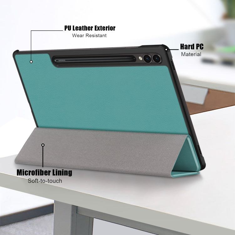 For Samsung Galaxy Tab S9+ Custer Pure Color 3-Fold Holder Smart Leather Tablet Case(Dark Green) - Galaxy Tab S9+ Cases by buy2fix | Online Shopping UK | buy2fix