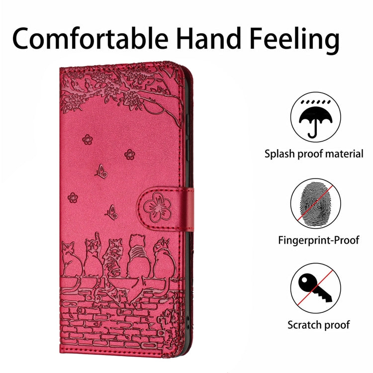 For Xiaomi Poco M6 Pro 4G Cat Embossing Pattern Leather Phone Case with Lanyard(Red) - Xiaomi Cases by buy2fix | Online Shopping UK | buy2fix