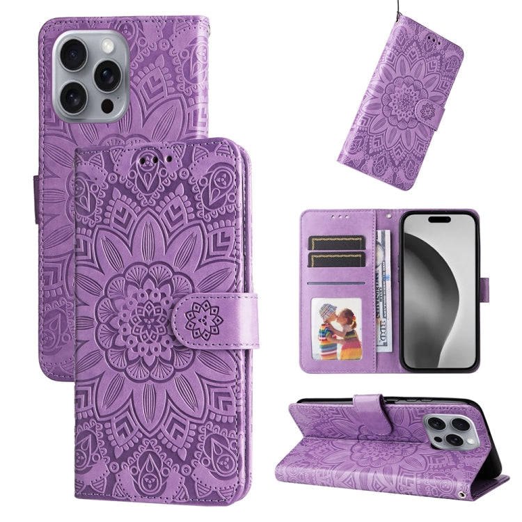 For iPhone 16 Pro Max Embossed Sunflower Leather Phone Case(Purple) - iPhone 16 Pro Max Cases by buy2fix | Online Shopping UK | buy2fix