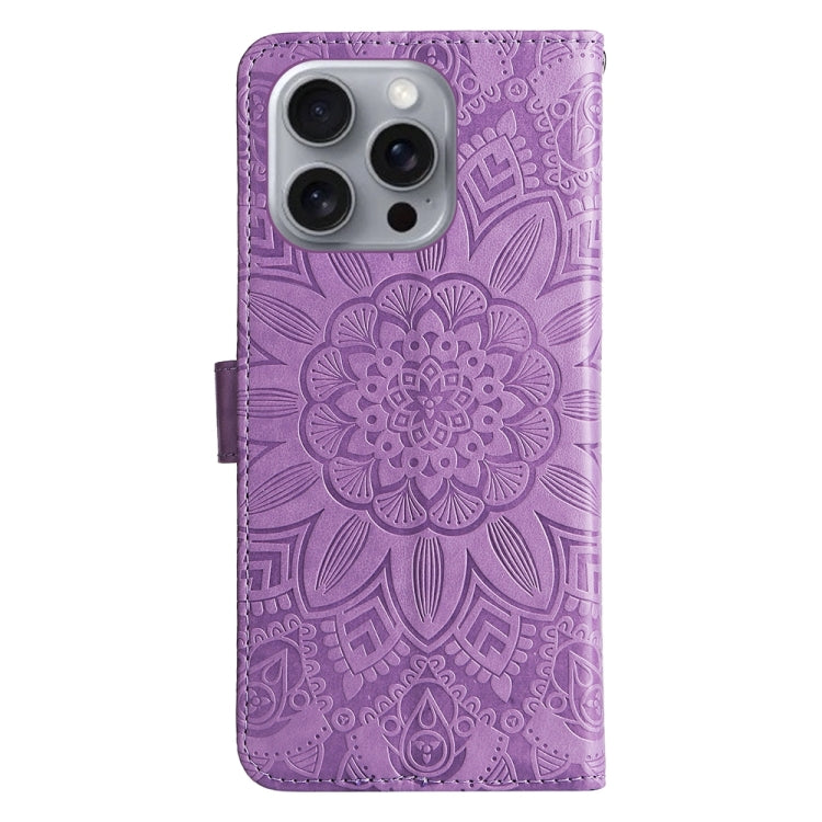 For iPhone 16 Pro Max Embossed Sunflower Leather Phone Case(Purple) - iPhone 16 Pro Max Cases by buy2fix | Online Shopping UK | buy2fix