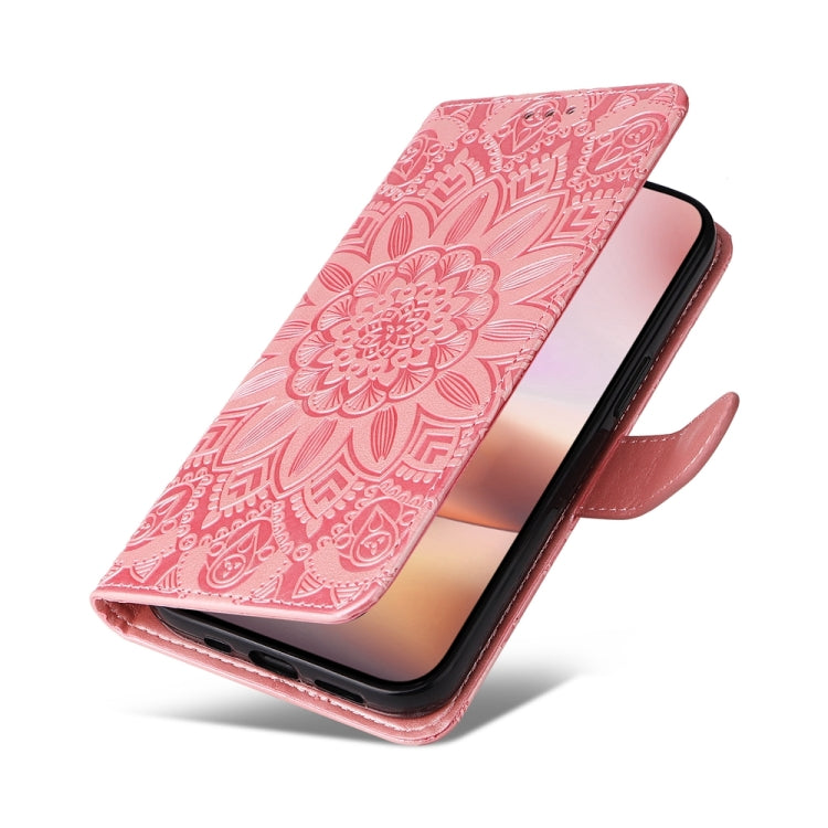 For iPhone 16 Plus Embossed Sunflower Leather Phone Case(Pink) - iPhone 16 Plus Cases by buy2fix | Online Shopping UK | buy2fix