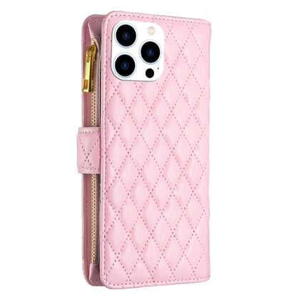 For iPhone 16 Pro Diamond Lattice Zipper Wallet Leather Flip Phone Case(Pink) - iPhone 16 Pro Cases by buy2fix | Online Shopping UK | buy2fix