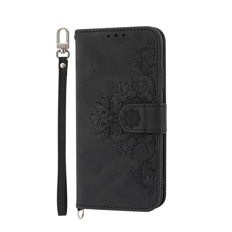 For Samsung Galaxy S24 Ultra 5G Skin-feel Flowers Embossed Wallet Leather Phone Case(Black) - Galaxy S24 Ultra 5G Cases by buy2fix | Online Shopping UK | buy2fix