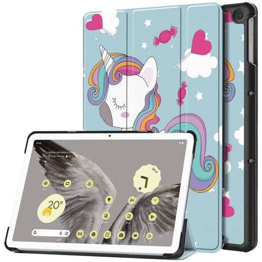 For Google Pixel Tablet Custer Painted 3-Fold Holder Smart Leather Tablet Case(Unicorn) - Google by buy2fix | Online Shopping UK | buy2fix