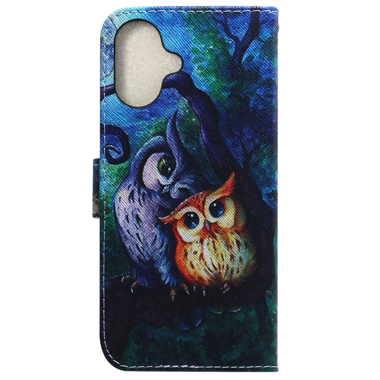 For iPhone 16 Coloured Drawing Flip Leather Phone Case(Oil Painting Owl) - iPhone 16 Cases by buy2fix | Online Shopping UK | buy2fix