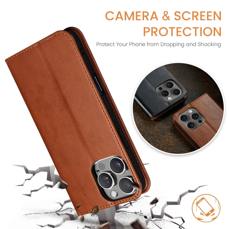 For iPhone 16 Pro Max Fierre Shann PU Genuine Leather Texture Phone Case(Brown) - iPhone 16 Pro Max Cases by FIERRE SHANN | Online Shopping UK | buy2fix