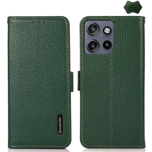 For Motorola Edge 50 Neo 5G / Moto S50 5G KHAZNEH Side-Magnetic Litchi Genuine Leather RFID Phone Case(Green) - Motorola Cases by buy2fix | Online Shopping UK | buy2fix