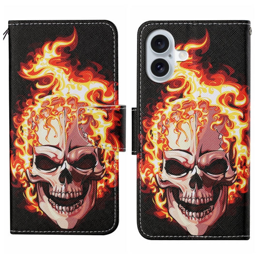 For iPhone 16 3D Colored Drawing Flip Leather Phone Case(Flame Skull) - iPhone 16 Cases by buy2fix | Online Shopping UK | buy2fix