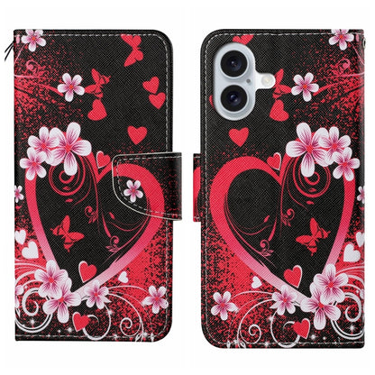 For iPhone 16 3D Colored Drawing Flip Leather Phone Case(Red Heart) - iPhone 16 Cases by buy2fix | Online Shopping UK | buy2fix