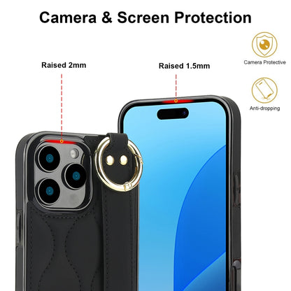 For iPhone 16 Pro Max Non-slip Full Coverage Ring PU Phone Case with Wristband(Black) - iPhone 16 Pro Max Cases by buy2fix | Online Shopping UK | buy2fix