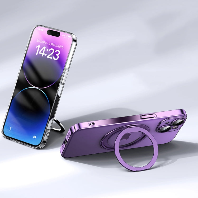 For iPhone 14 Electroplated 360 Degree Bracket MagSafe Magnetic Phone Case(Transparent Purple) - iPhone 14 Cases by buy2fix | Online Shopping UK | buy2fix