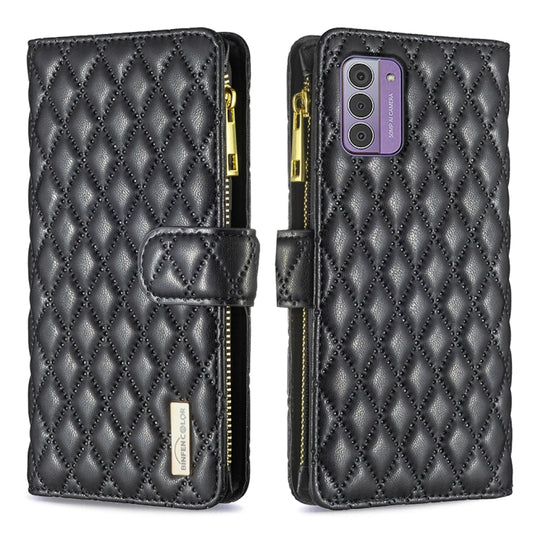 For Nokia G42/G310 Diamond Lattice Zipper Wallet Leather Flip Phone Case(Black) - Nokia Cases by buy2fix | Online Shopping UK | buy2fix