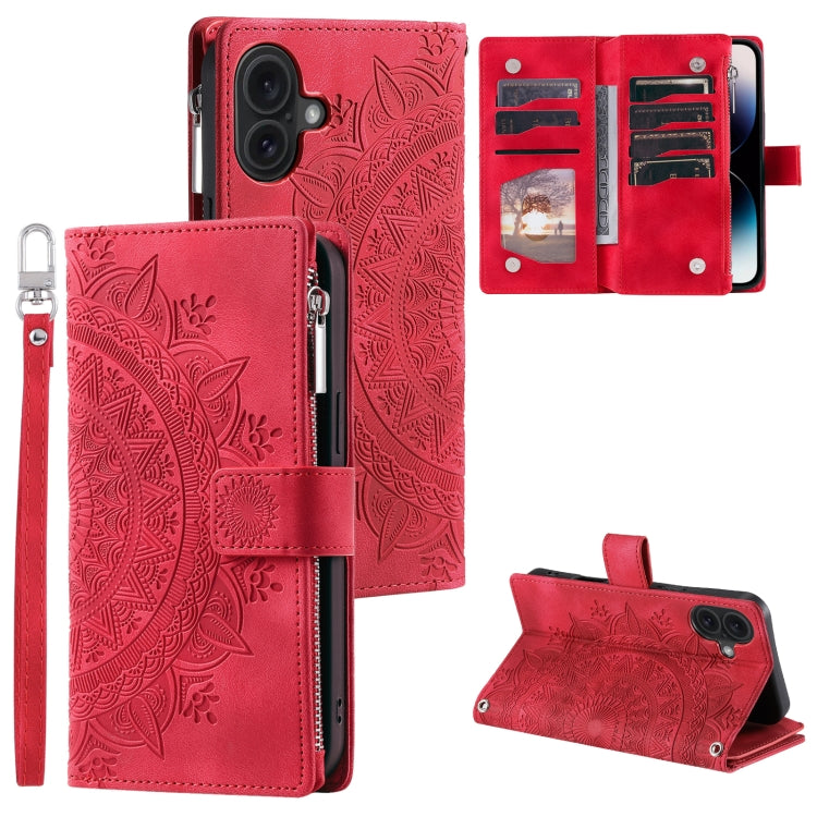 For iPhone 16 Multi-Card Totem Zipper Leather Phone Case(Red) - iPhone 16 Cases by buy2fix | Online Shopping UK | buy2fix