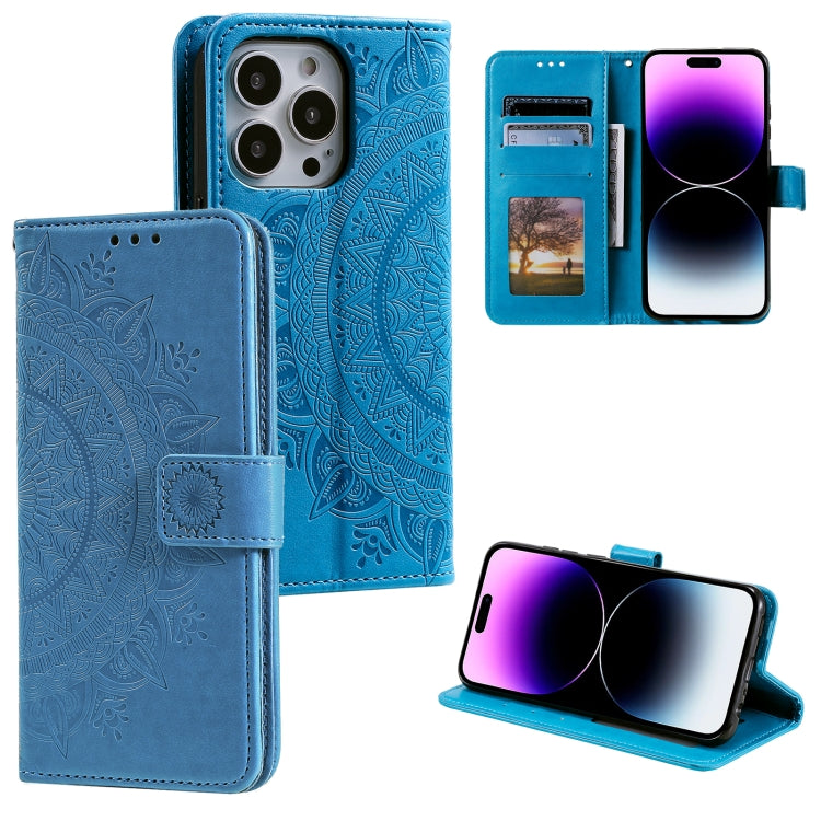 For iPhone 16 Pro Max Totem Flower Embossed Leather Phone Case(Blue) - iPhone 16 Pro Max Cases by buy2fix | Online Shopping UK | buy2fix