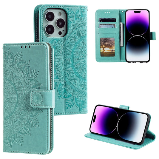 For iPhone 16 Pro Totem Flower Embossed Leather Phone Case(Green) - iPhone 16 Pro Cases by buy2fix | Online Shopping UK | buy2fix