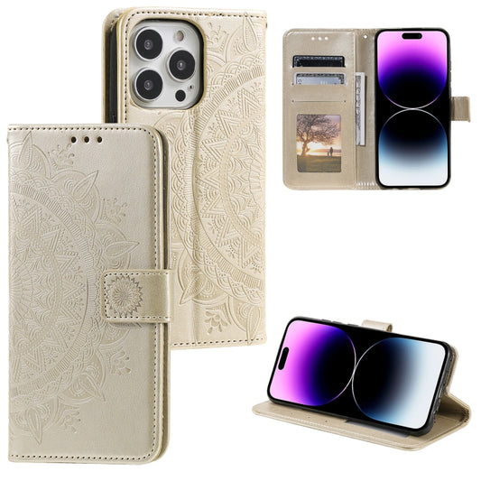 For iPhone 16 Pro Totem Flower Embossed Leather Phone Case(Gold) - iPhone 16 Pro Cases by buy2fix | Online Shopping UK | buy2fix