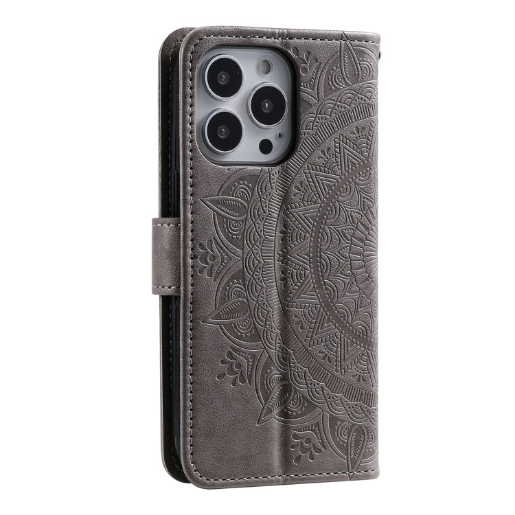 For iPhone 16 Pro Totem Flower Embossed Leather Phone Case(Grey) - iPhone 16 Pro Cases by buy2fix | Online Shopping UK | buy2fix