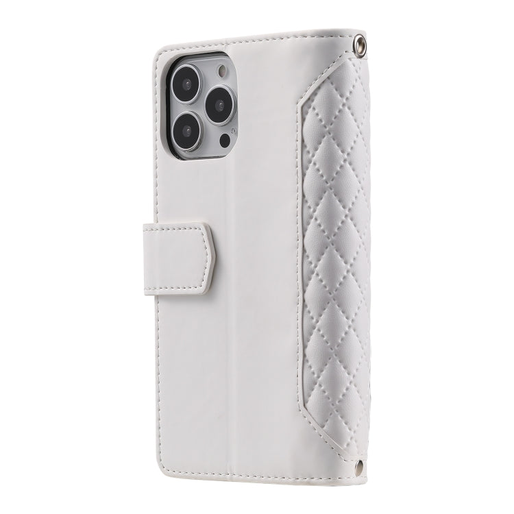 For iPhone 16 Pro Grid Texture Zipper Leather Phone Case with Lanyard(White) - iPhone 16 Pro Cases by buy2fix | Online Shopping UK | buy2fix