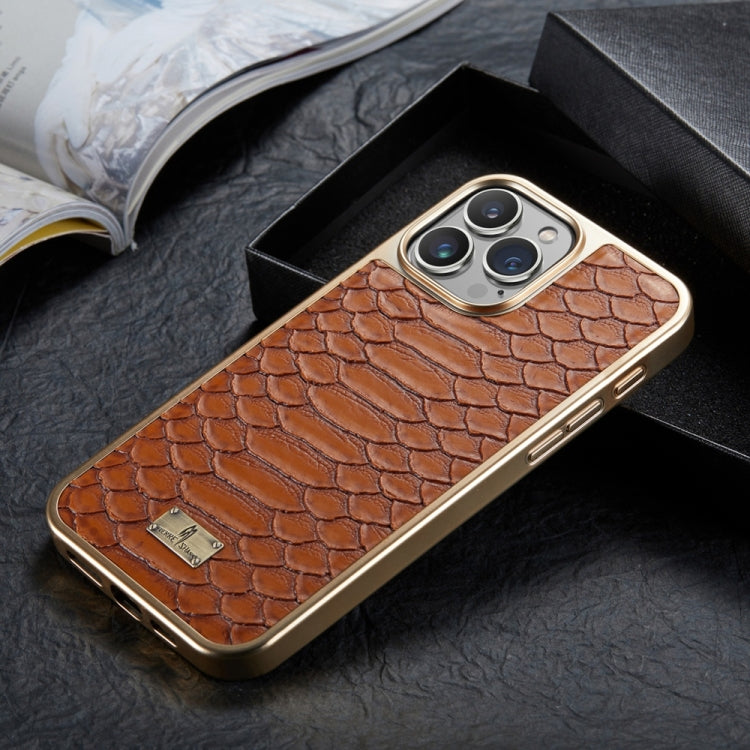 For iPhone 16 Pro Max Fierre Shann Python Texture Electroplating PU Phone Case(Brown) - iPhone 16 Pro Max Cases by FIERRE SHANN | Online Shopping UK | buy2fix