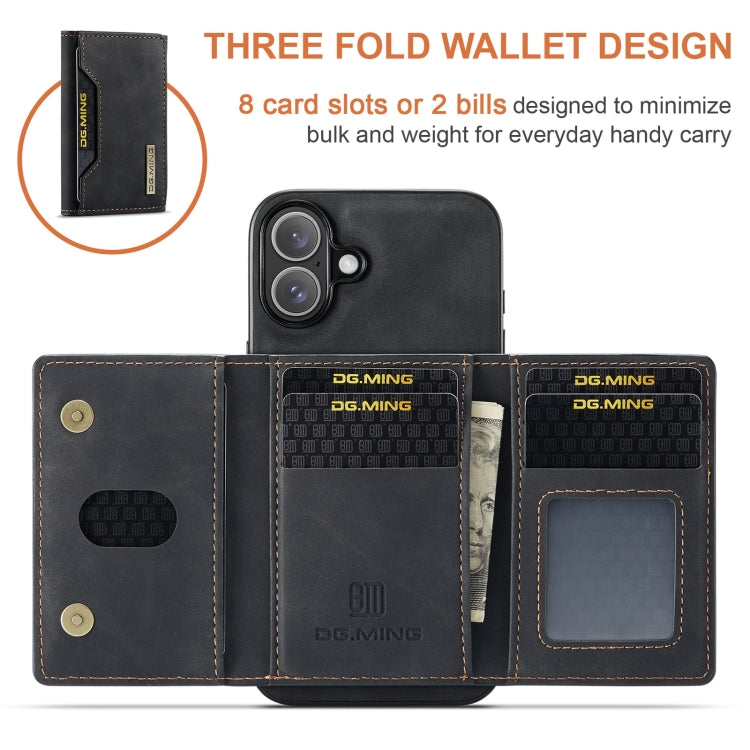 For iPhone 16 DG.MING M2 Series 3-Fold Card Bag Wallet Leather Phone Case(Black) - iPhone 16 Cases by DG.MING | Online Shopping UK | buy2fix