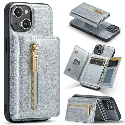 For iPhone 15 DG.MING M3 Series Glitter Powder Card Bag Leather Phone Case(Silver) - iPhone 15 Cases by DG.MING | Online Shopping UK | buy2fix